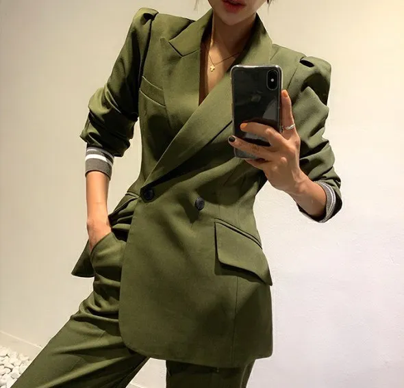 2021 Новая мода женский брючный костюм с длинными рукавами блейзер поясом длинные