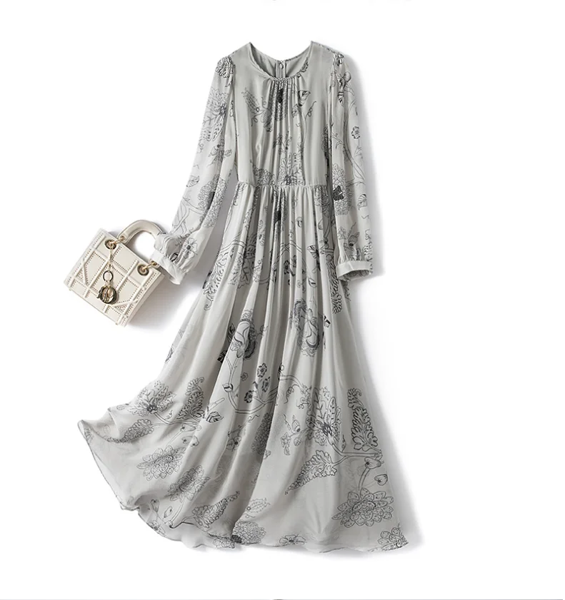 

100% Real Nature Silk Dress Simple Grey Fancy Clothes Long Woman Dress Office Lady's Best Choice