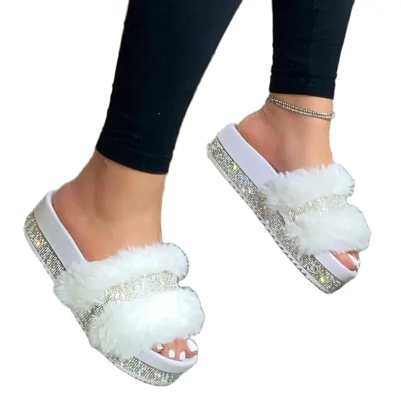 

Luxury Designer Women Fur Rhinestone Slippers Platform Wedges Heel Solid Fluffy Furry Slides Outside Sexy Shoes Ladies Whosale