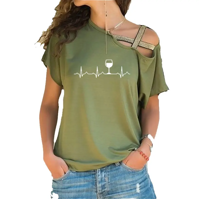 

Женские хлопковые футболки винного цвета с коротким рукавом, летние повседневные Асимметричные обтягивающие топы с рисунком сердцебиения ...