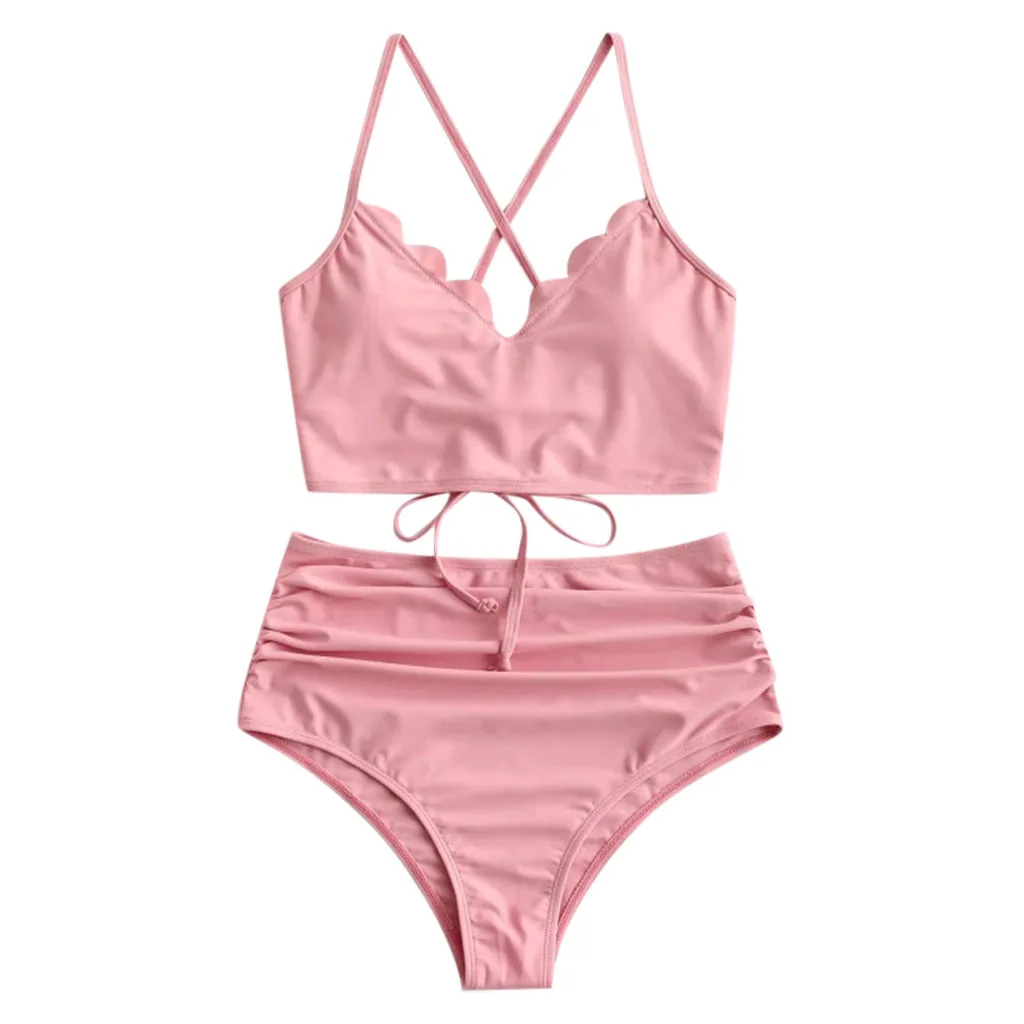 Swimming Suit 2021 Women Sexy Scalloped Lace-up Ruched Tankini Swimsuit Beachwear Female Biquini Maillot De Bain Femme |