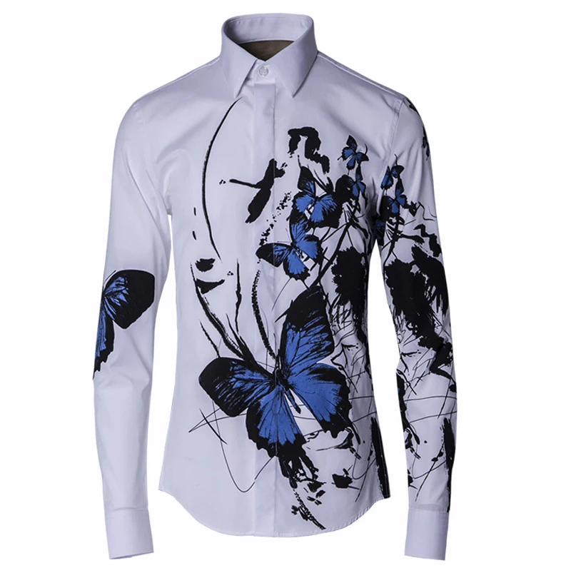 2020 Men Shirt Luxury Butterfly Print Long Sleeve Shirt Men Casual Slim Fit Mens Dress Shirts Party Nightclub Shirts Man