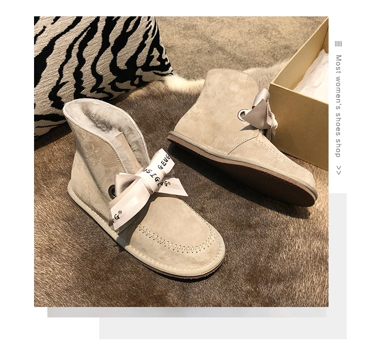 Зимние сапоги без каблуков; женская обувь с круглым носком из плюша; Zapatos De Mujer; Водонепроницаемая Толстая теплая шерстяная обувь; зимние короткие сапоги с бантом и помпонами;