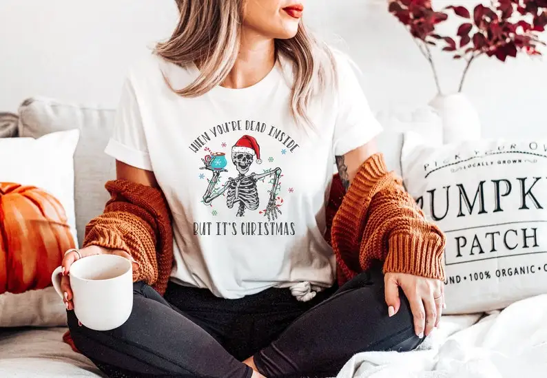 

Funny Christmas Shirt Inside But It's Season Skeleton T-shirts Cute Cat Print Sweatshirt Women 100% cotton y2k top Drop Shipping