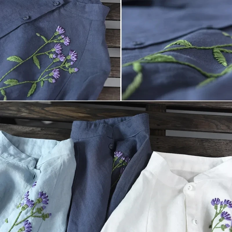 

Spring New Vintage Embroidery Solid Women Shirts Large Size Office Lady Elegant Slim Tops Stand Long Sleeve Classic Girl Blouses