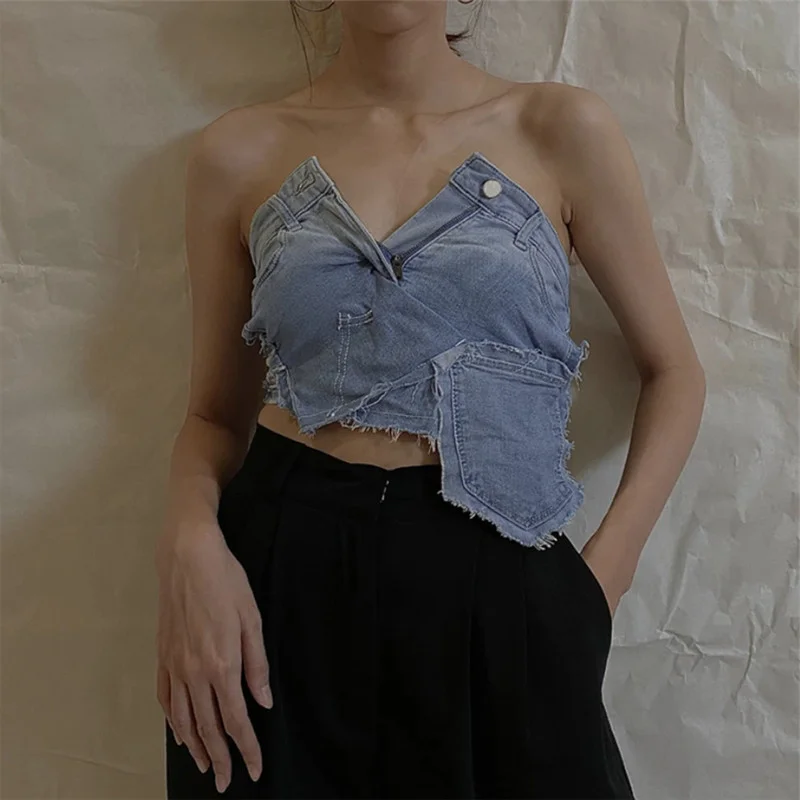 

Женский джинсовый жилет с открытым пупком, голубой облегающий Топ без рукавов, с открытой спиной и без бретелек