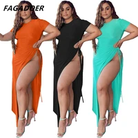 fagadoer plus size women xl 5xl high side slit maxi dress sexy party summer short sleeve lady dresses o neck solid vestidos 2021