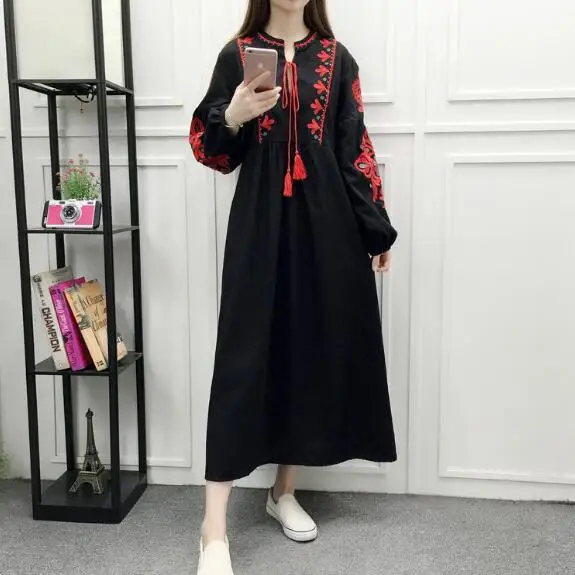 Цветочное вышитое этническое платье хлопок лен фонарь макси с длинным рукавом