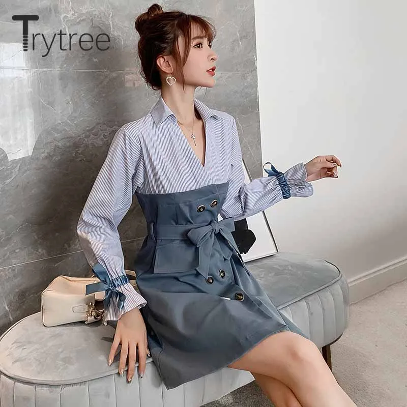 Trytree/осеннее женское Повседневное платье с отложным воротником расклешенные