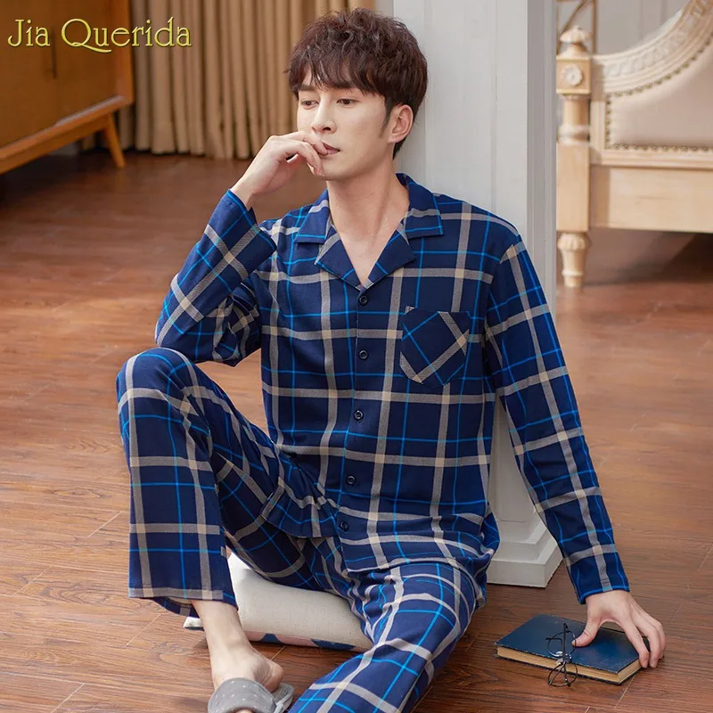 Мужская пижама зима осень длинный рукав пижамный комплект 100% Хлопок Ночная