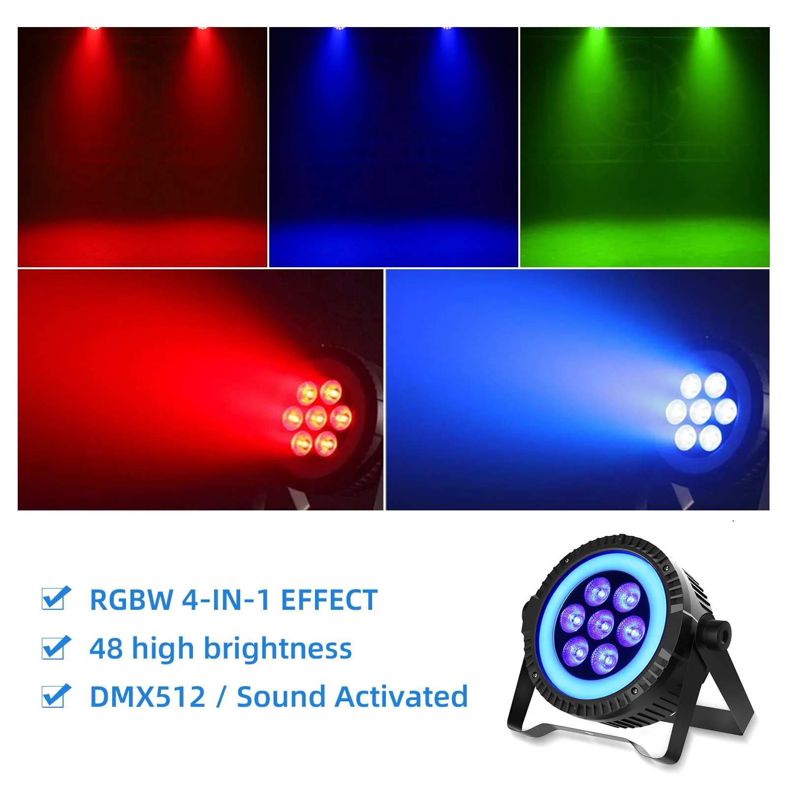 

4 in 1 RGBW Led Stage Light 7+48SMD Dyeing Pixel Par Light DMX Controlled Sound Activated DJ Disco Lights for Events, Wedding