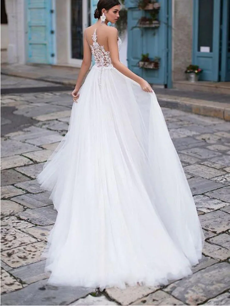 

Hi Shy Bride New simple wedding dress backless sleeveless design chiffon lace bride dresses princess dress plus size tailor-made