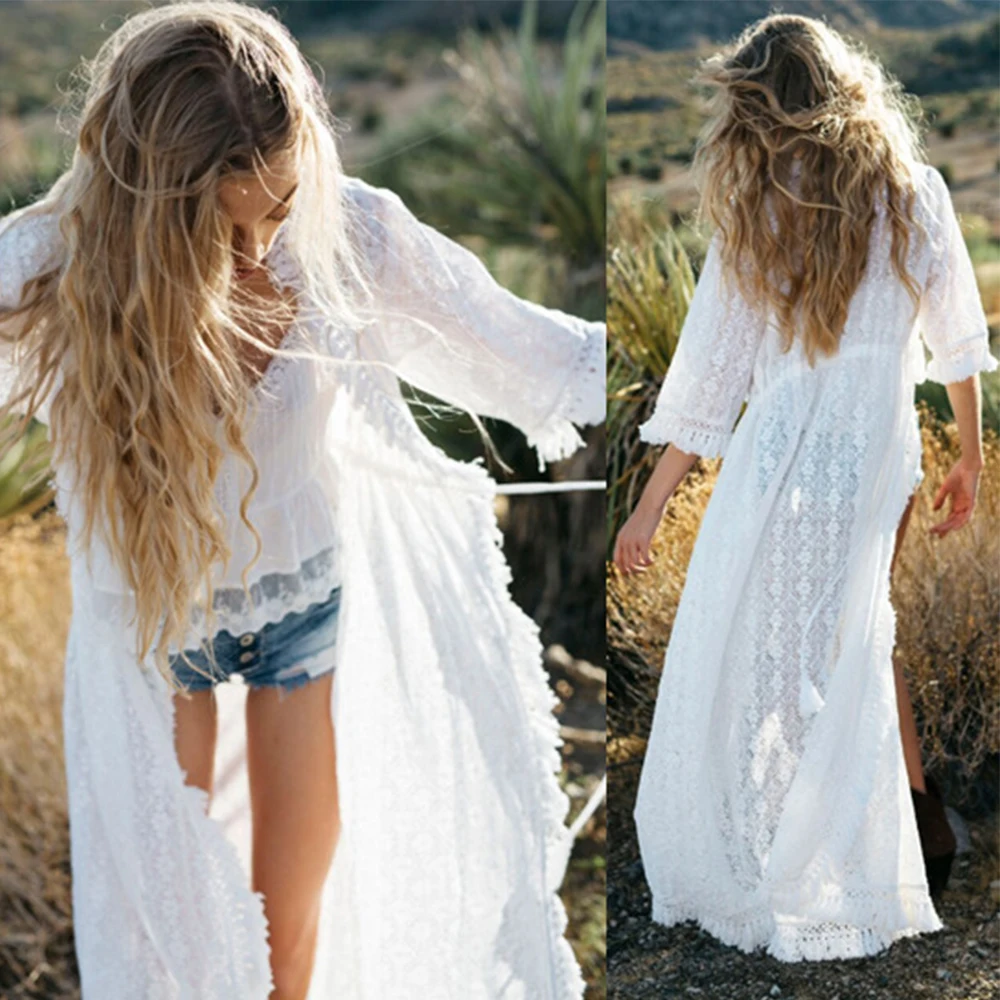 Белая кружевная пляжная одежда в стиле бохо с кисточками накидка на бикини