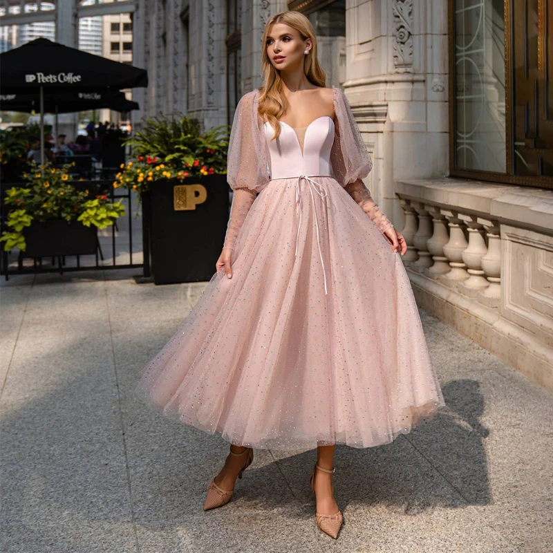 

Женское вечернее платье с блестками, ТРАПЕЦИЕВИДНОЕ Тюлевое платье до середины икры с бусинами и длинным рукавом, для выпускного вечера, 2022