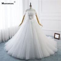 100 real custom made boat neck embroidery appliques tulle chapel train bridal ball gown elegant off the shoulder wedding dress