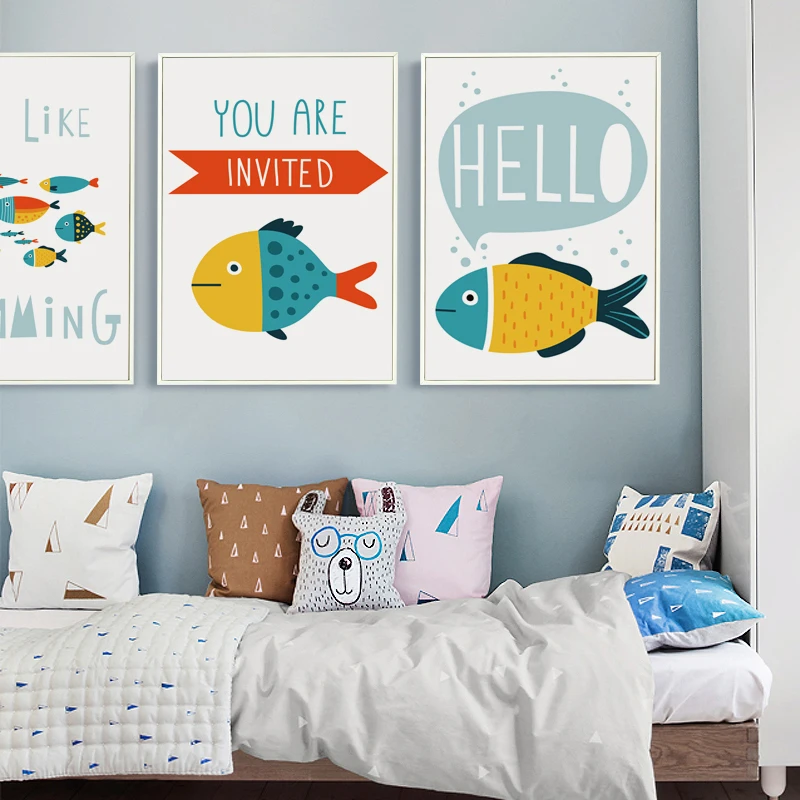Simple Abstract Cartoon Ocean Fish English Wall Art Canvas Painting Poster Print Decor Picture Home Kids Room | Дом и сад