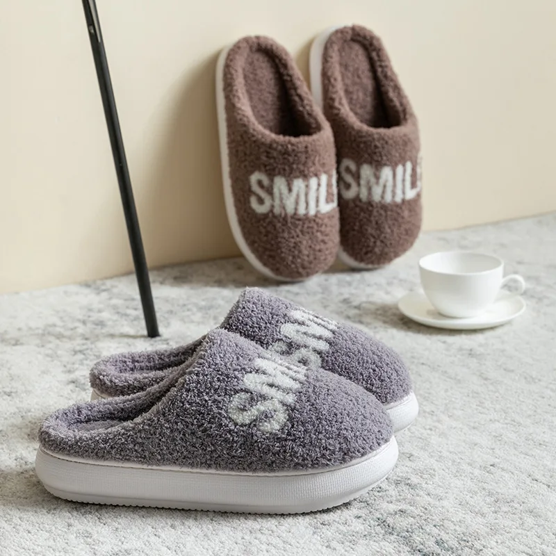 

Fashion Female Slippers Plush Anti-Slip Couples Indoor Home Floor Flops Soft Sole Smile Letter Print Shoes Women Men Footwear