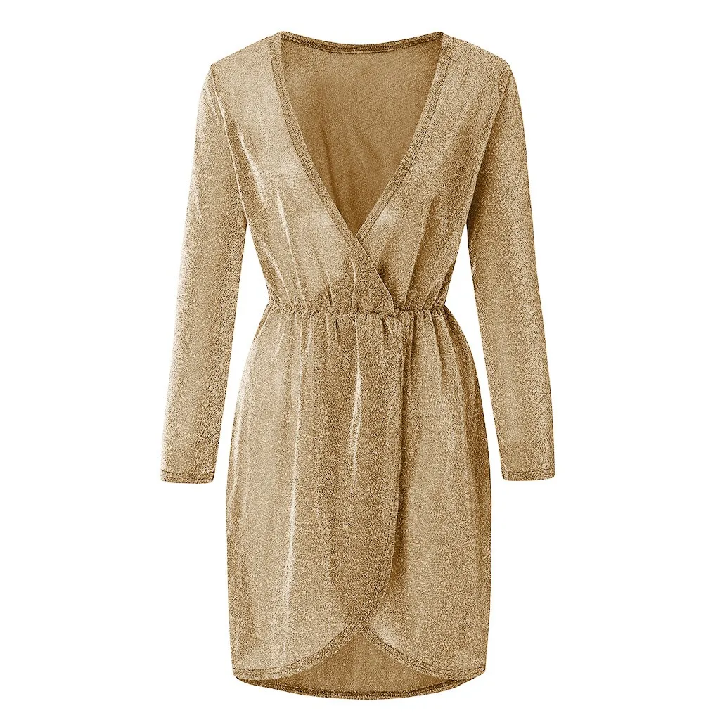 2020 Women V-Neck Sexy Party Dresses High Waist Irregular Nightclub Sequin Popular Spring Summer New Dress | Женская одежда