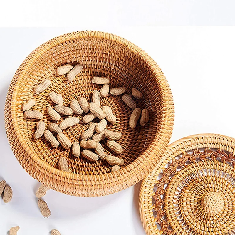 

Rattan Wicker Bread Baskets for Serving,Round Rattan Fruit Basket Storage,Woven Food Serving Basket with Lid for Kitchen