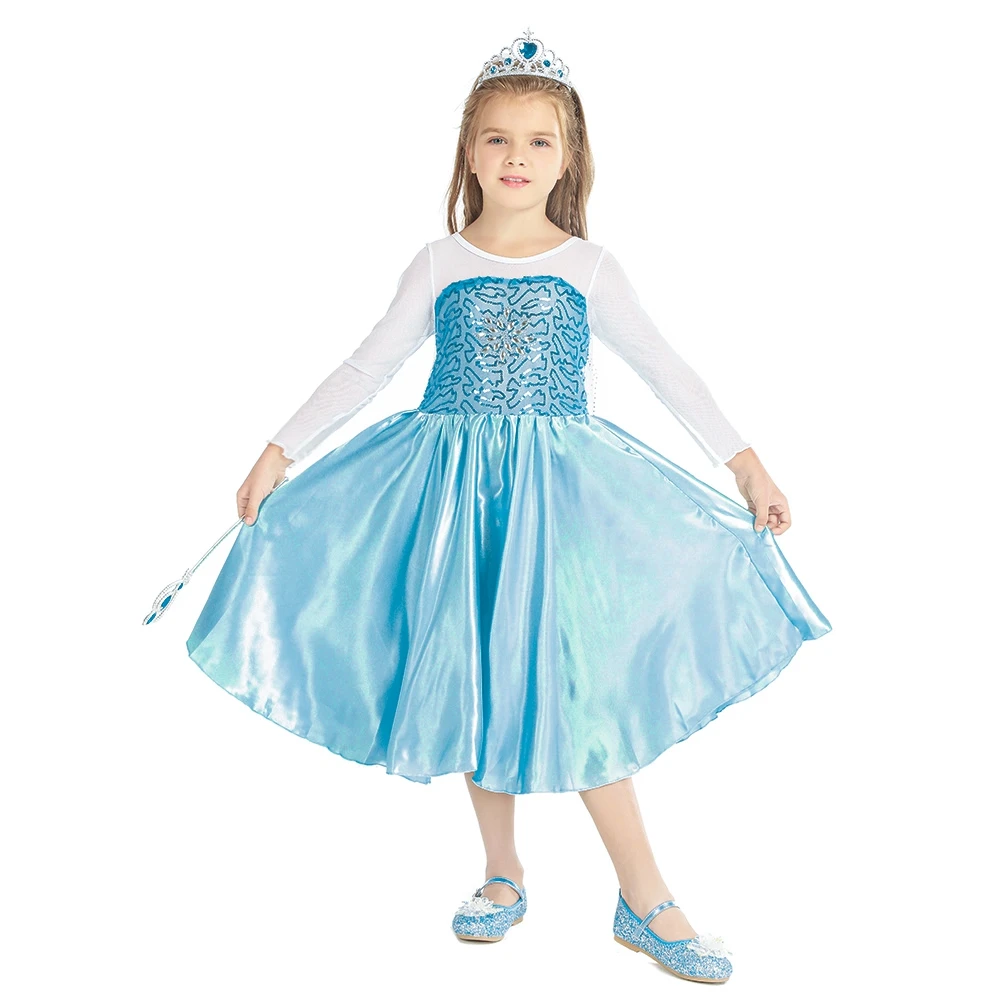

Children's Day Princess Evening Prom Dresses for Girls Elsa Summer Costume Kids Cosplay Party Birthday Blue Long Sleeve Clothes
