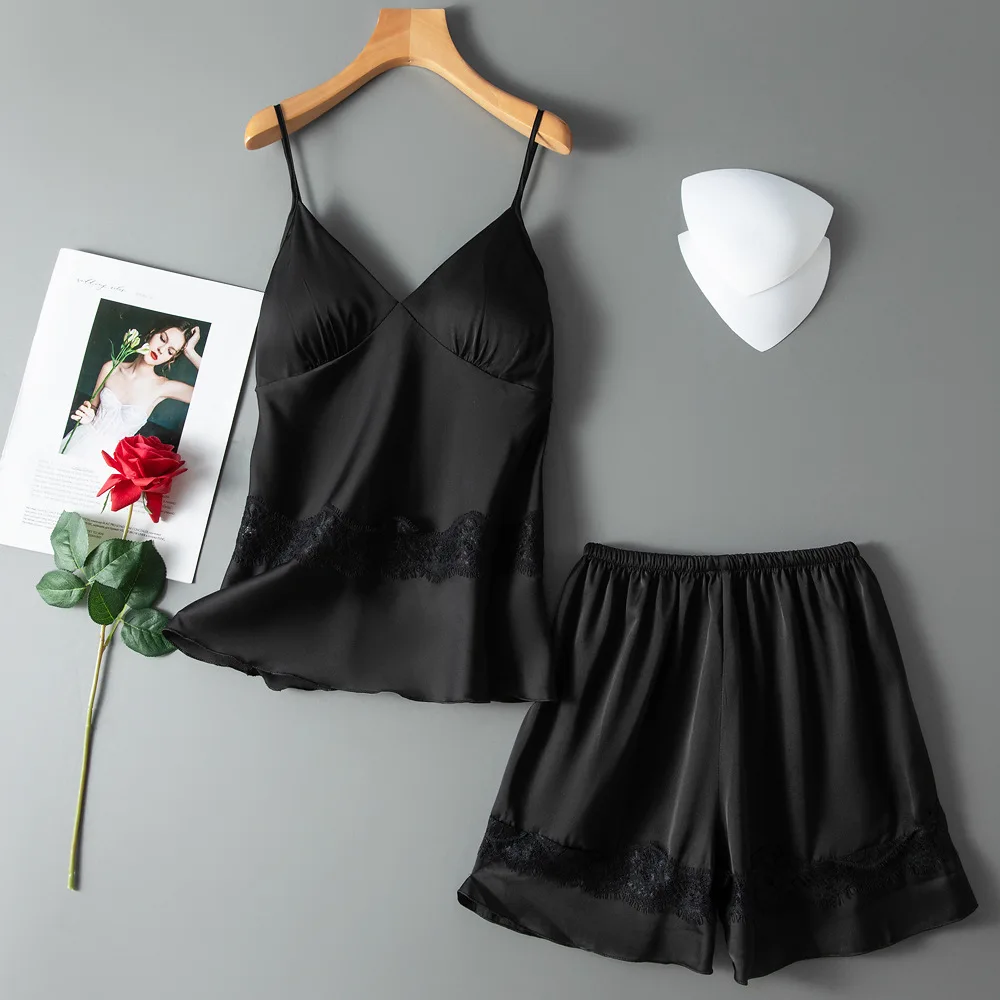 

PJS Set Women Pajamas Satin Sleepwear Strap Top&Shorts Lace Patchwork Pijamas 2021 Summer New Nightwear Intimate Lingerie