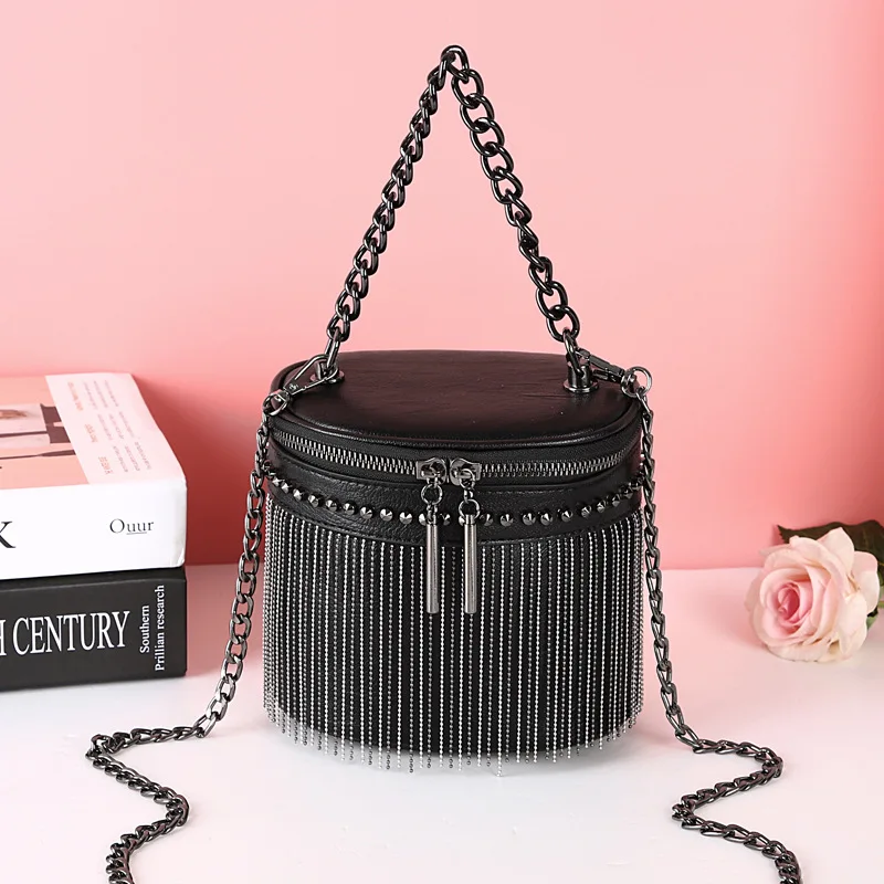 Женская Панк Шипованная Сумка через плечо с кисточками крутая кожаная сумка