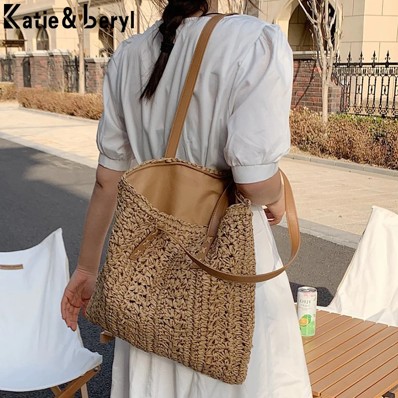 

High Capacity Straw Shoulder Bags for Women 2021 Summer Fashion New Brand Travel Beach Lady Handbags Top Handel Daily Use Totes
