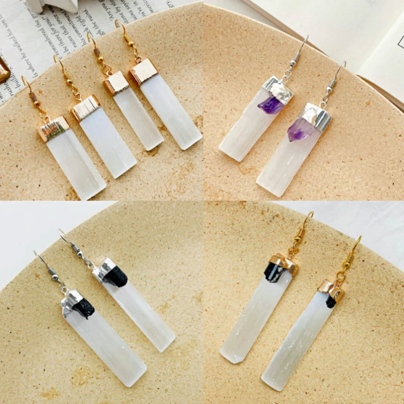 

Trendy White Plaster BlackTourmaline Amethyst Natural Stone Earrings for Women Rectangular Earrings Fashion Jewelry 2021