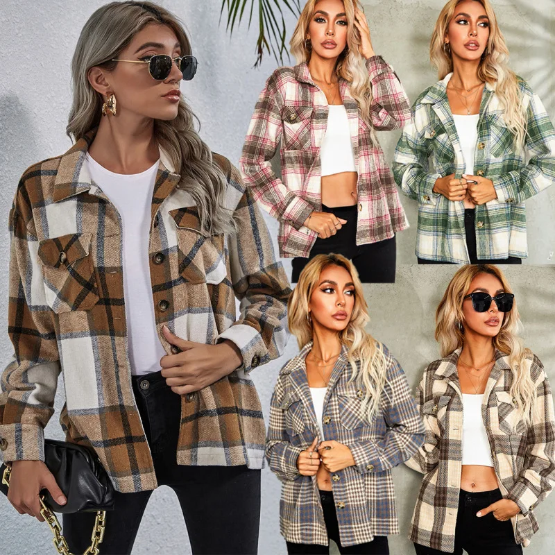 

Autumn Winter Woolen Coat Lapel Shirt Loose Plaid Jacket Long Sleeve Buttons Style Pattern Type Clothing Length Green Apricot