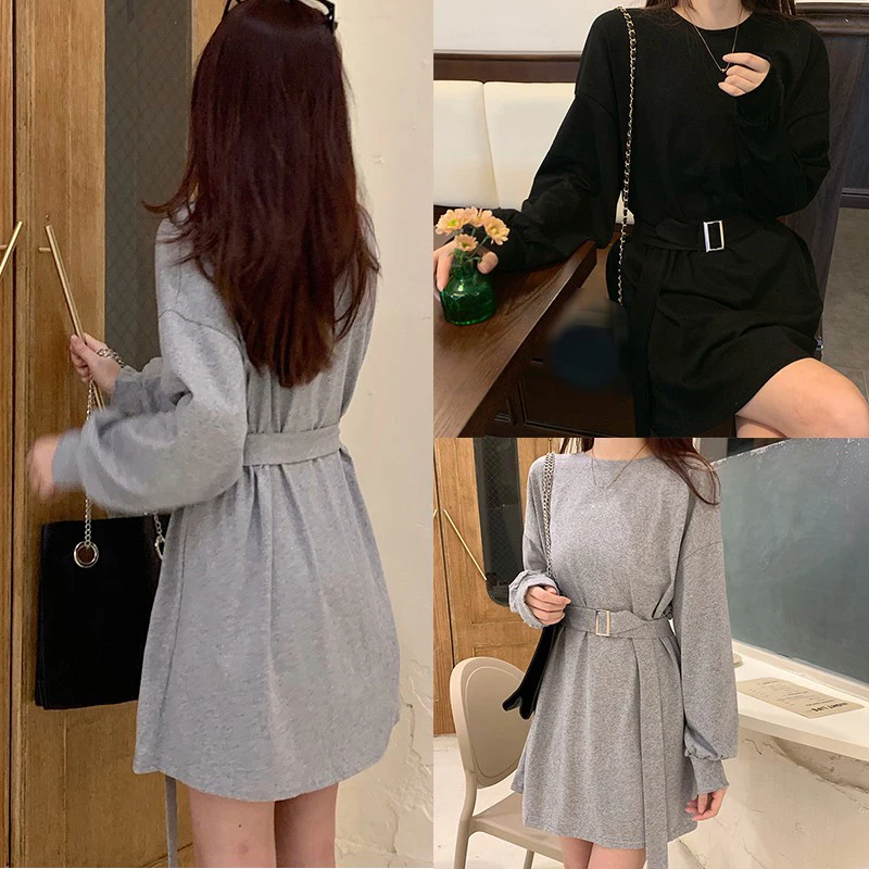 

Women's New Spring And Autumn Wild Loose long-sleeved Waist Lace Dress Temperament Slim Slim Cotton Dress