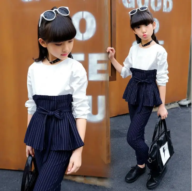 Комплекты клетчатой одежды для девочек хлопковая футболка с длинными рукавами +