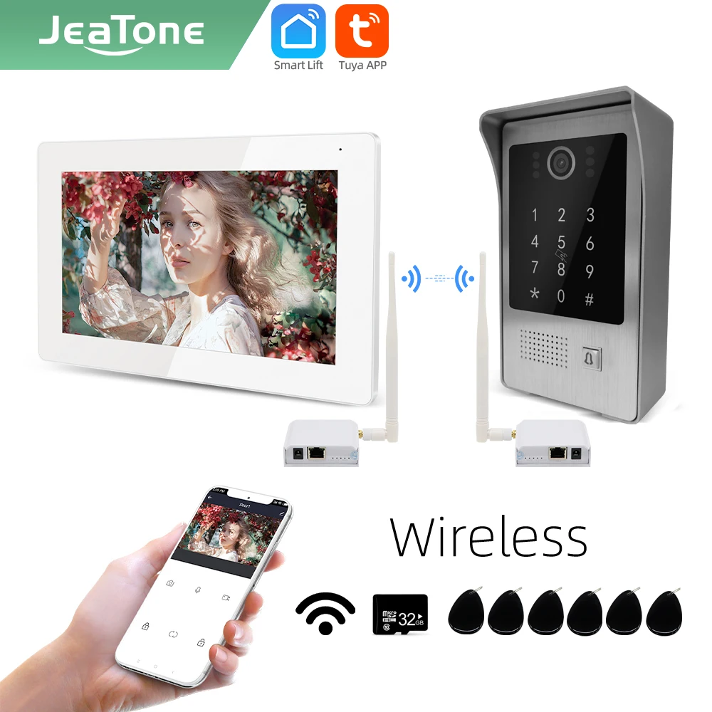 Jeatone Tuya smart 7 inch WIFI IP Video intercom phone doorbell camera system with wireless WIFI Bridge Box87217
