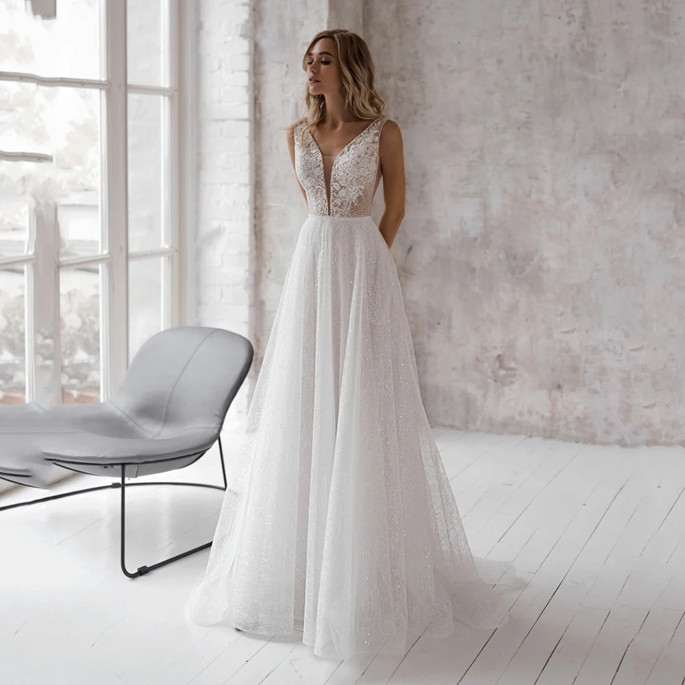 

Женское свадебное платье-трапеция, белое кружевное платье из тюля с глубоким V-образным вырезом и аппликацией, Пляжное платье для невесты,