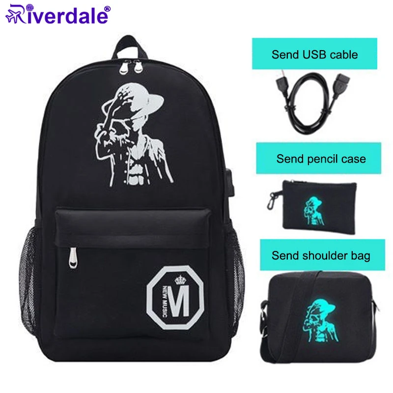 Новый 3 шт мультфильм Светящийся рюкзак для мужчин Высокая младшая USB школьная