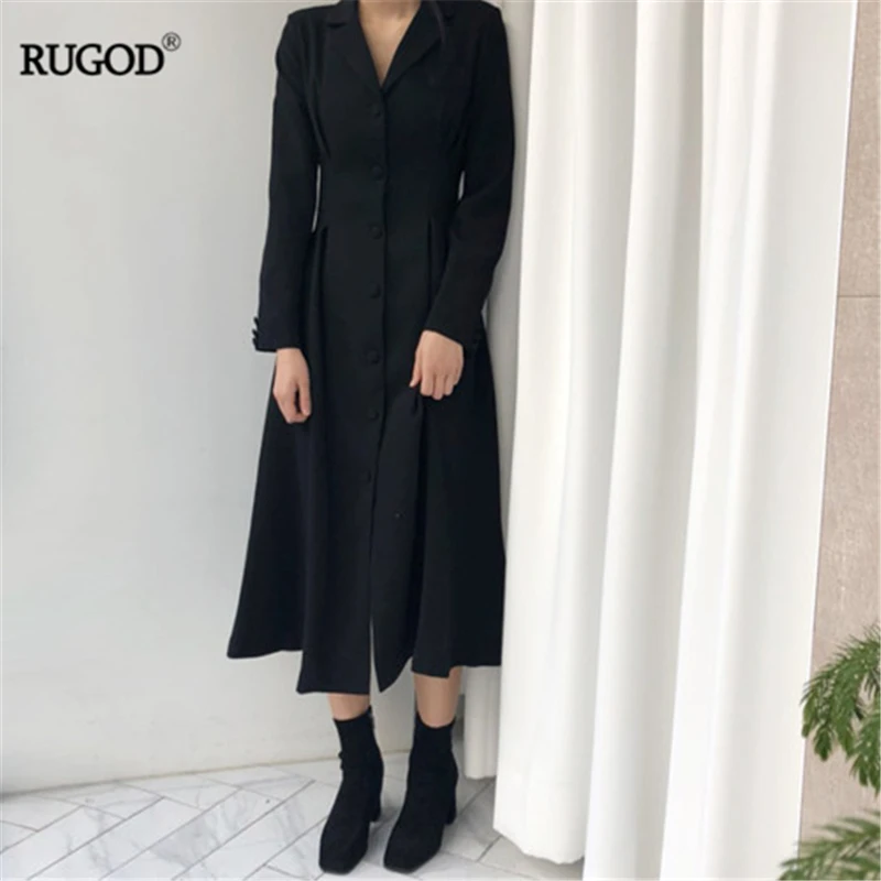 Женское однобортное платье-трапеция RUGOD черное облегающее платье с отложным