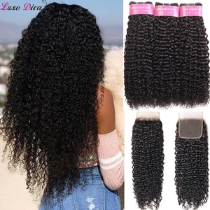 Кудрявые человеческие волосы бразильские волнистые пучки с кружевной застежкой Remy афро кудрявые пучки волос с застежкой роскошные натуральные пучки