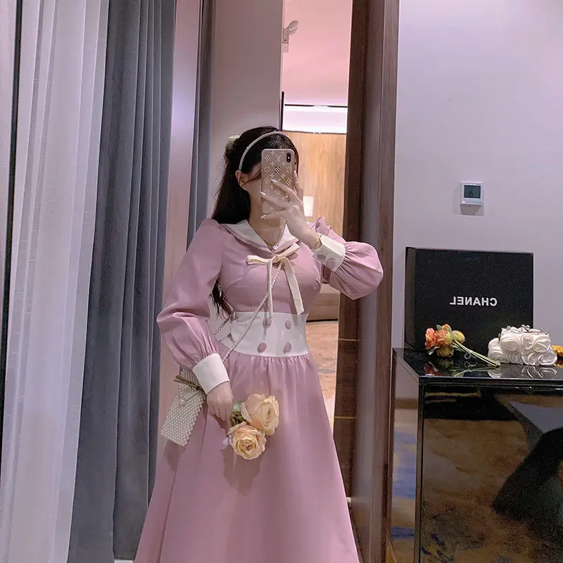 

2021 Spring Preppy Style Pink Kawaii Dress Women Sailor Collar Puff Sleeve Vintage Midi Dress Ladies Party One Piece Dress Korea