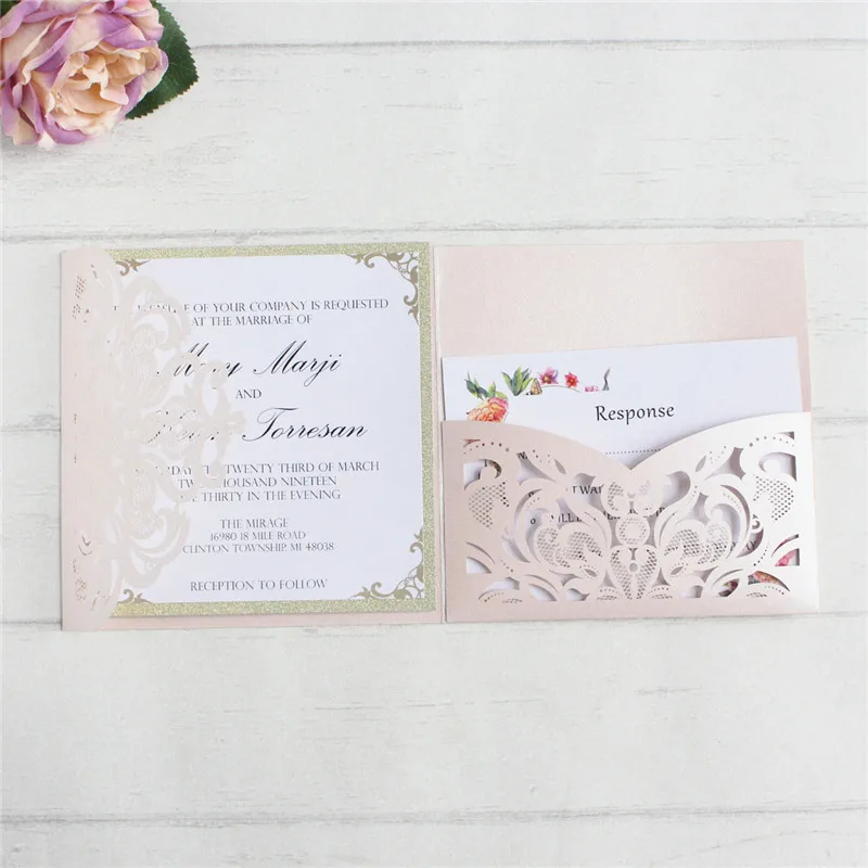 Мягкие розовые свадебные приглашения карты лазерный карман свадебный брак