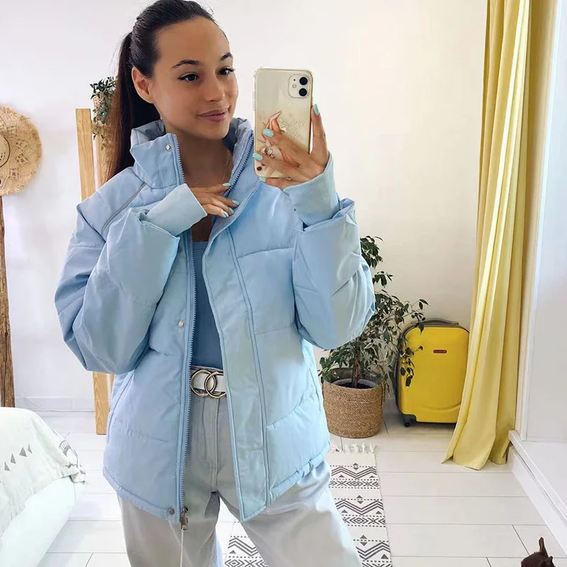 

2021 зимняя женская зимняя модная однотонная куртка с воротником-стойкой, плотное теплое Стеганое пальто, Повседневная зимняя верхняя одежда...