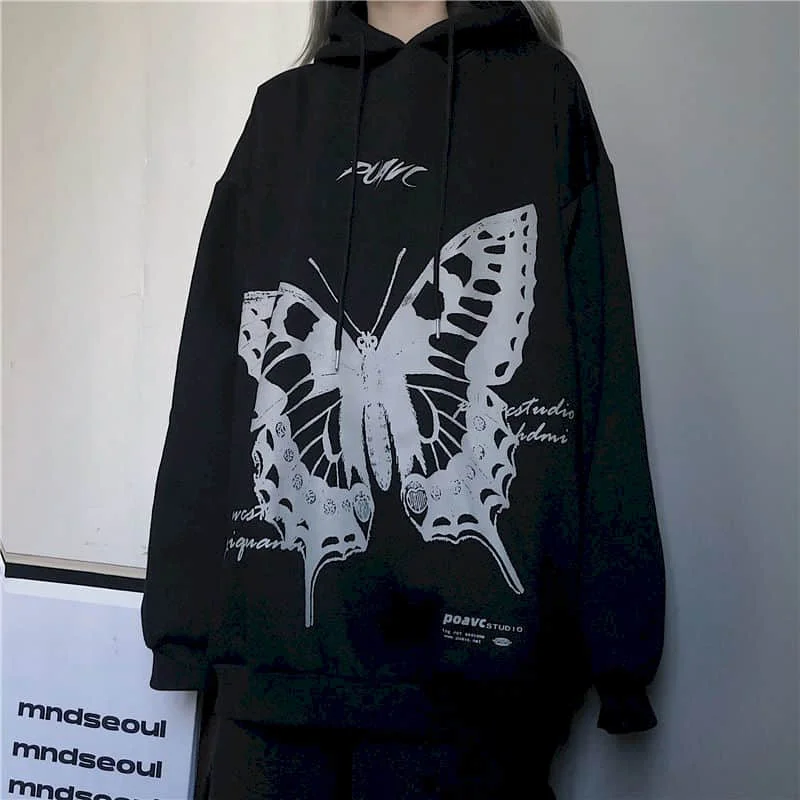 

Hoodie Women 2020 Ins New Korean Top Autumn Winter Hip-hop Trend Butterfly Print Long-sleeved Hooded Loose Plus Velvet Couple