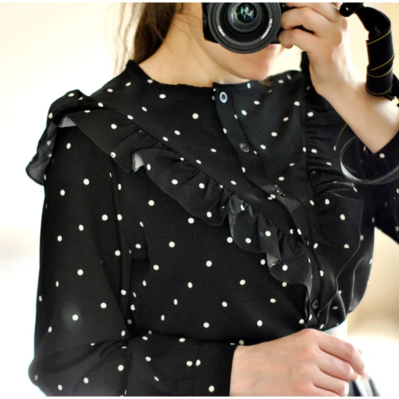 

2021 Summer Long Sleeve Women's Blouse Elegant Ruffle Polka Dot O-neck Female Shirt Black Office Fashion Casual Lady Clothing