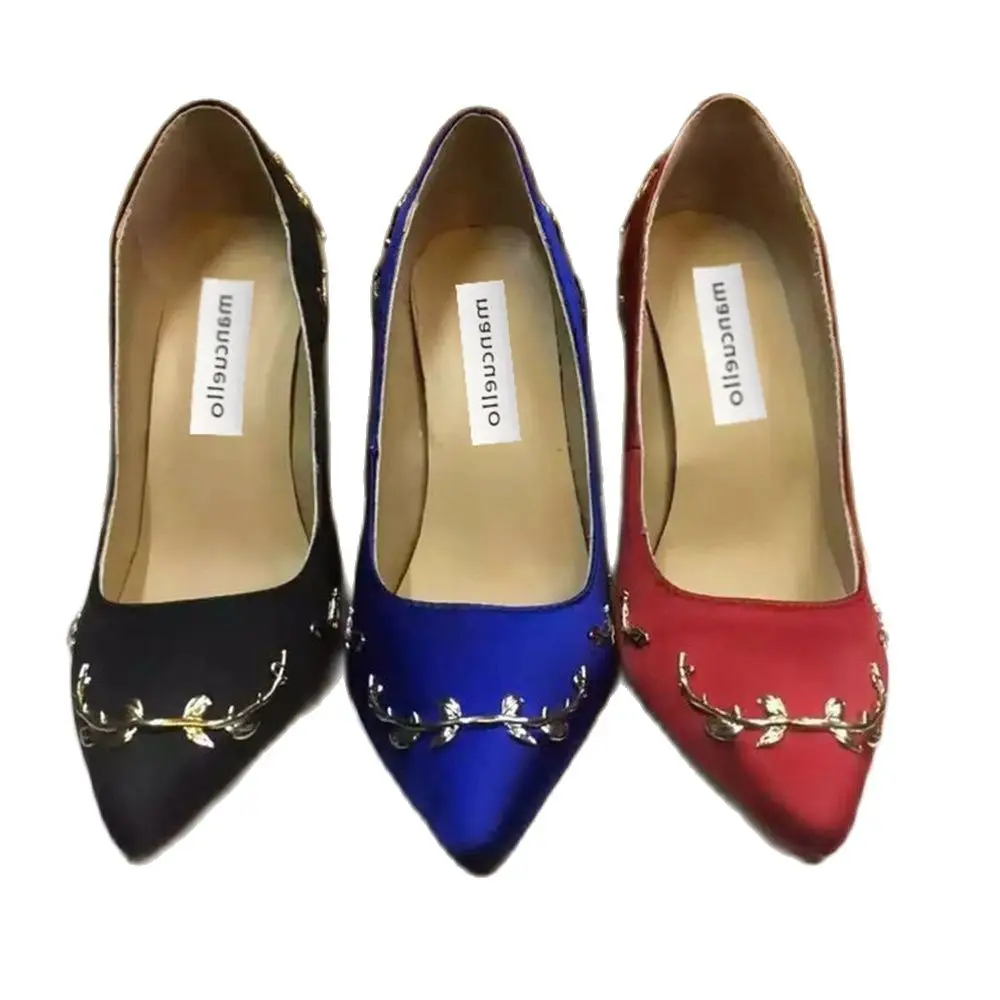 

Floral Carved Gold Plated High Heels Pumps Woman Silk Bridal Sexy Metal Twig Pointed Toe Party Dress Wedding Shoes For Ladies