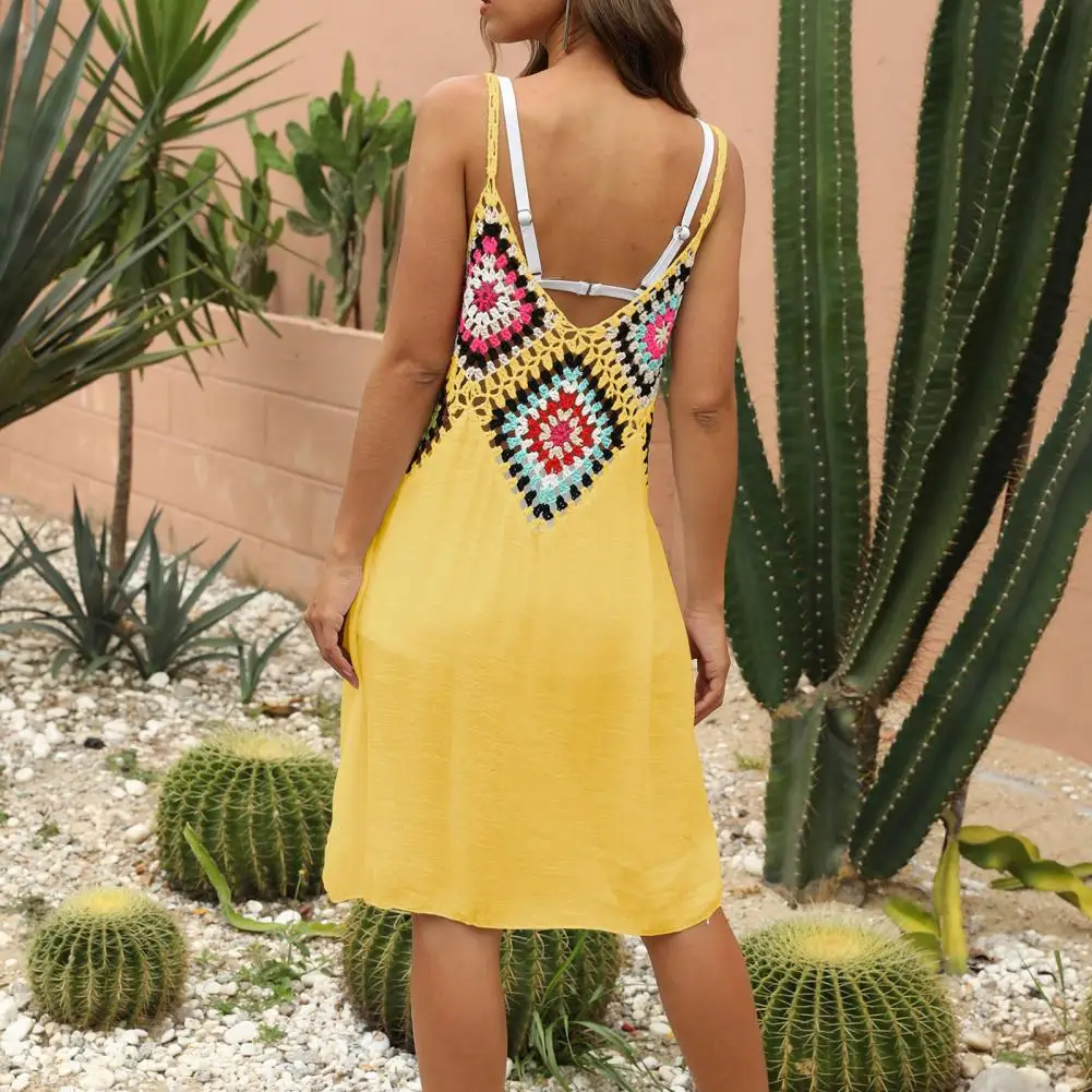 Платье женское вязаное на бретелях-спагетти пляжный накидка в стиле пэчворк с