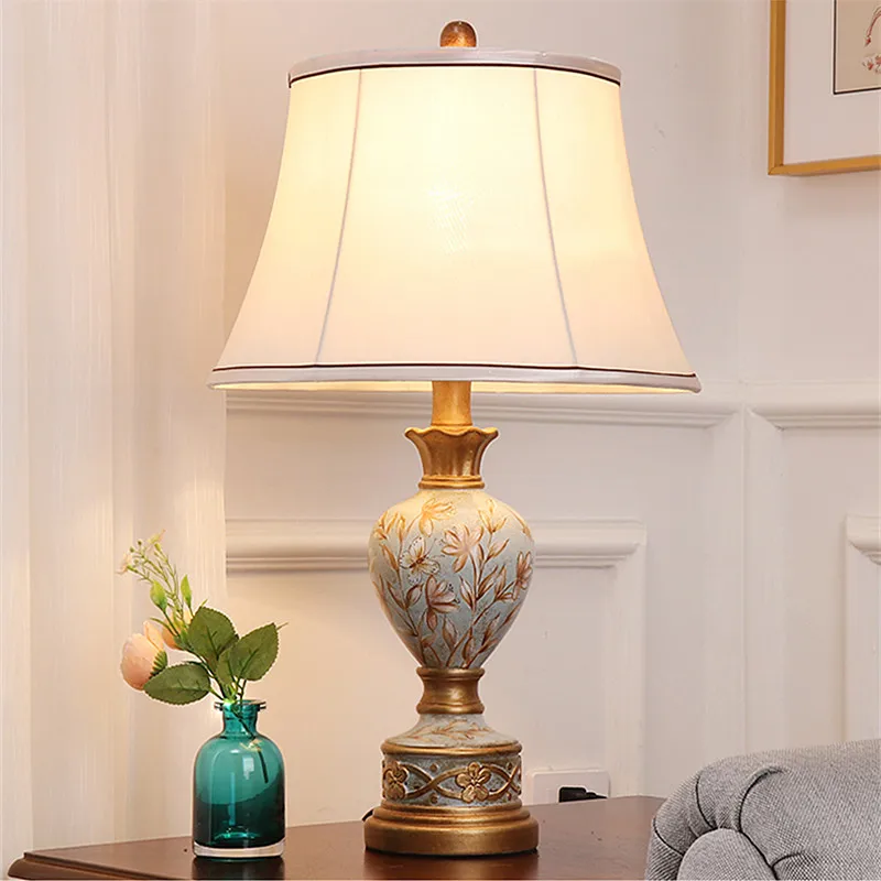 

Chinese Style rural painted resin Table Lamps American Classic romantic touch switch fabric lamp for bedside&foyer&studio LBO023