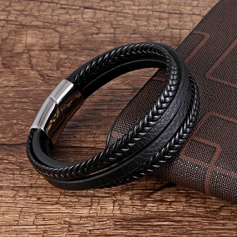 

TJP New Design Multi-layers Handmade Braided Genuine Leather Bracelet & Bangle For Men Male Hand Jewelry For Birthday Gift