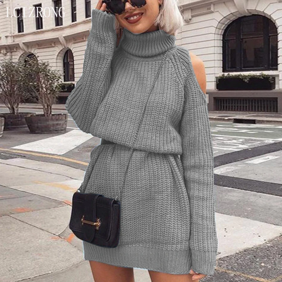 

Женское мини-платье с открытыми плечами, Осеннее трикотажное платье-свитер с длинным рукавом и высоким воротником, зимние черные вечерние п...