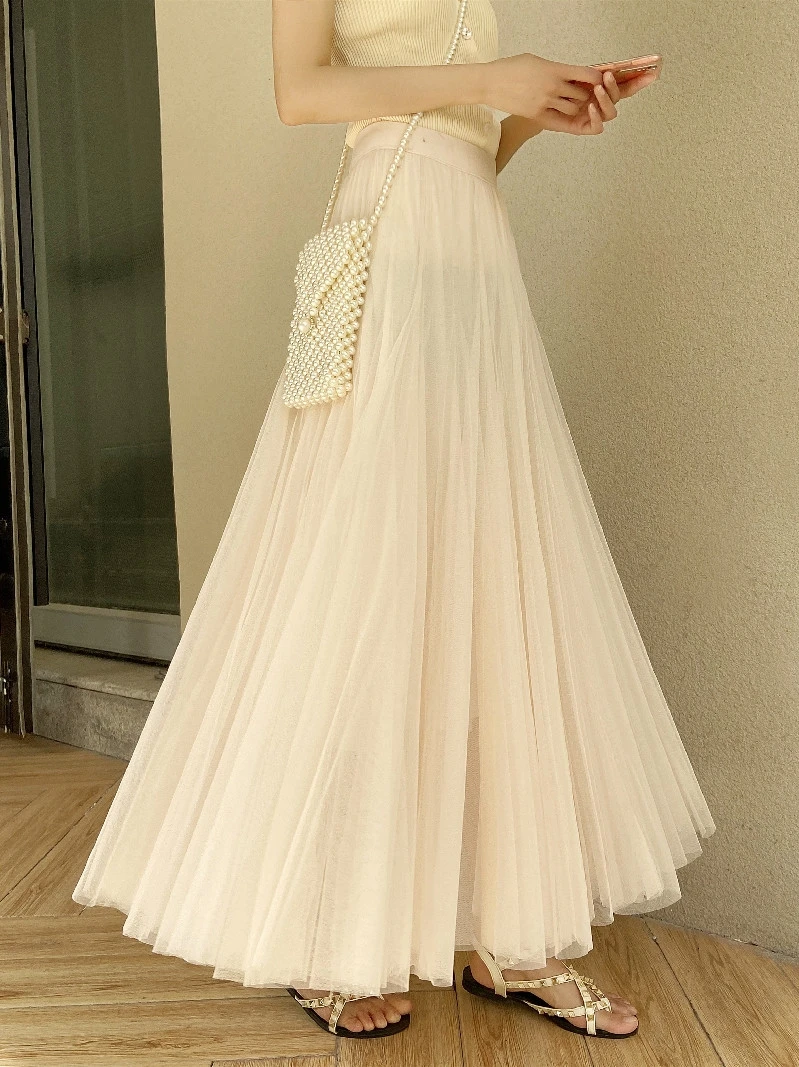 

Mesh skirt 2021 new spring and Summer Black Medium Length High Waist A-line yarn skirt female long skirt fairy skirt