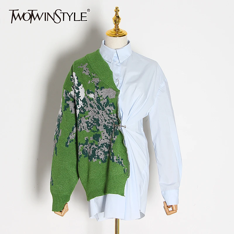 TWOTWINSTYLE лоскутное хит цвет Kitting рубашки женские воротник с лацканами длинным рукавом Высокая талия Туника нерегулярные Блузки Женская мода