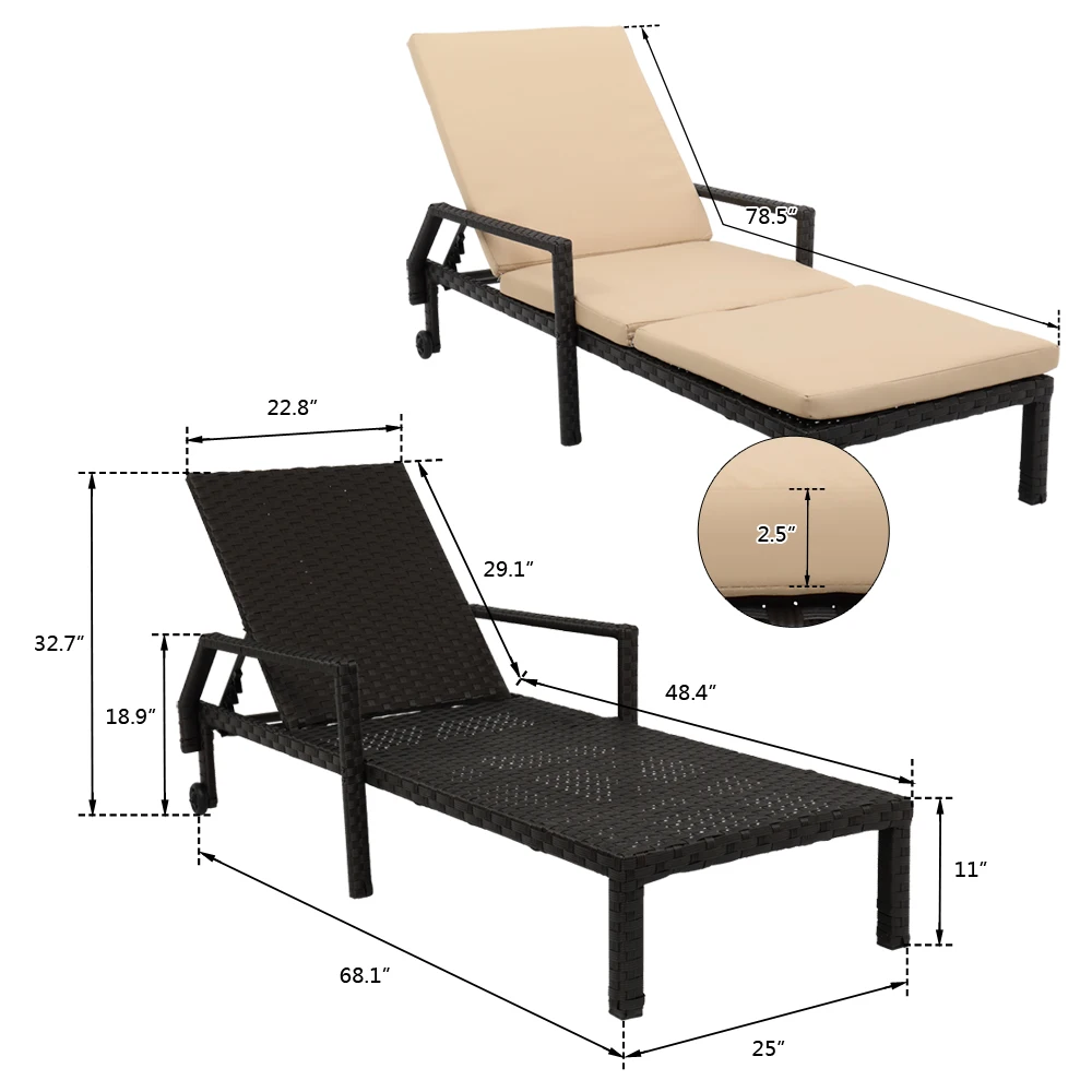 

199.5*63.5*48cm Wheeled Bed Cozy Rattan bed Four-Line Wide Film Outdoor Leisure Bed Single Garden Furniture Garden Leisure Bed
