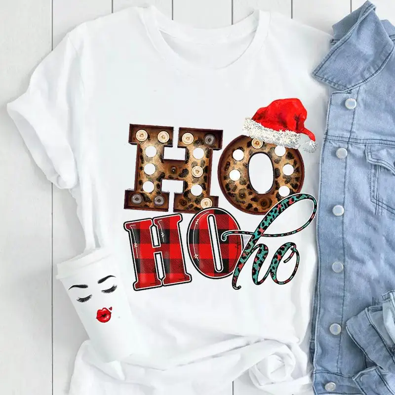 

Женская Праздничная Рождественская леопардовая модная трендовая Женская одежда с коротким рукавом и мультяшным принтом женская футболка ...